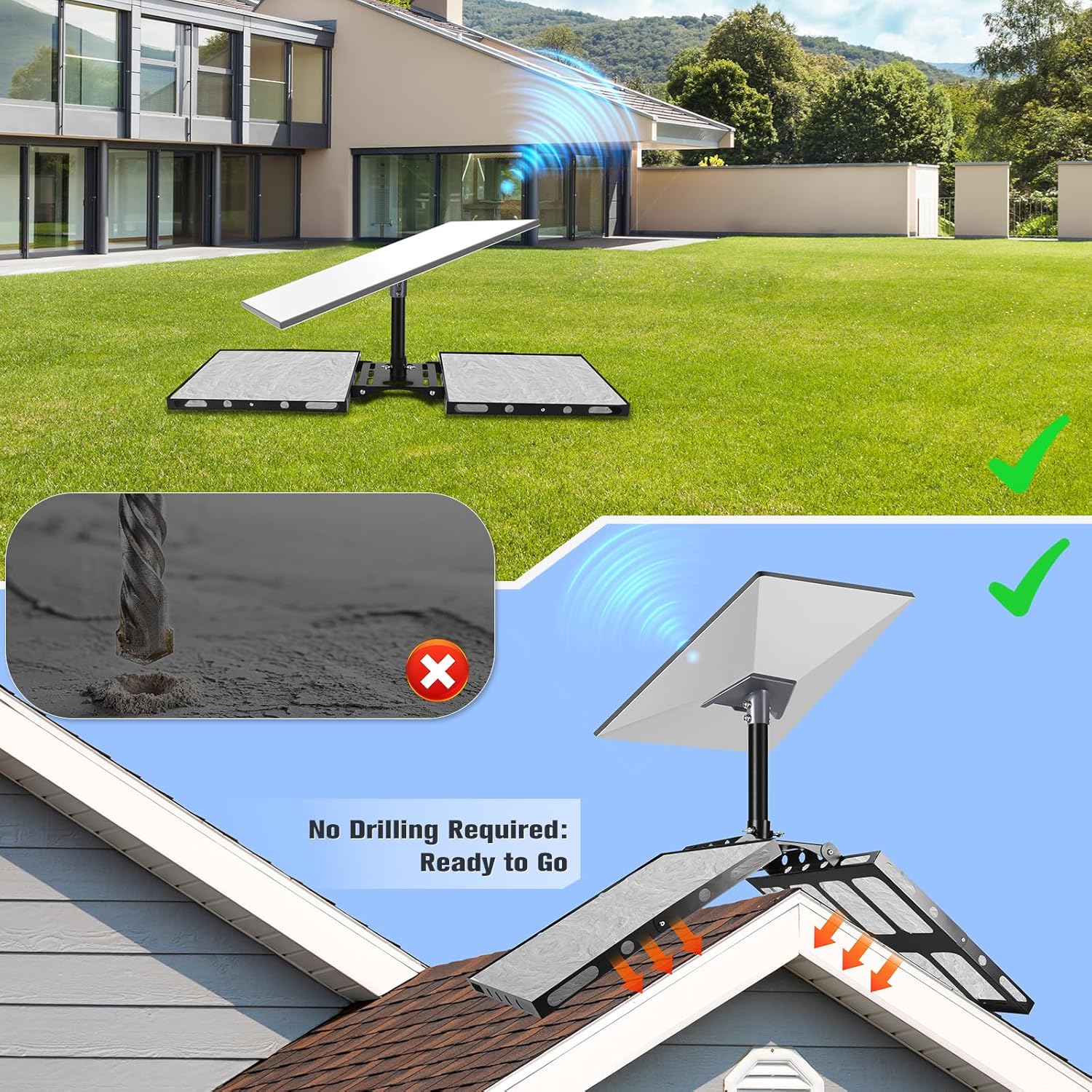 No drill Starlink roof mount bracket, drill-free installation for Starlink Gen3 dish, no roof penetration needed